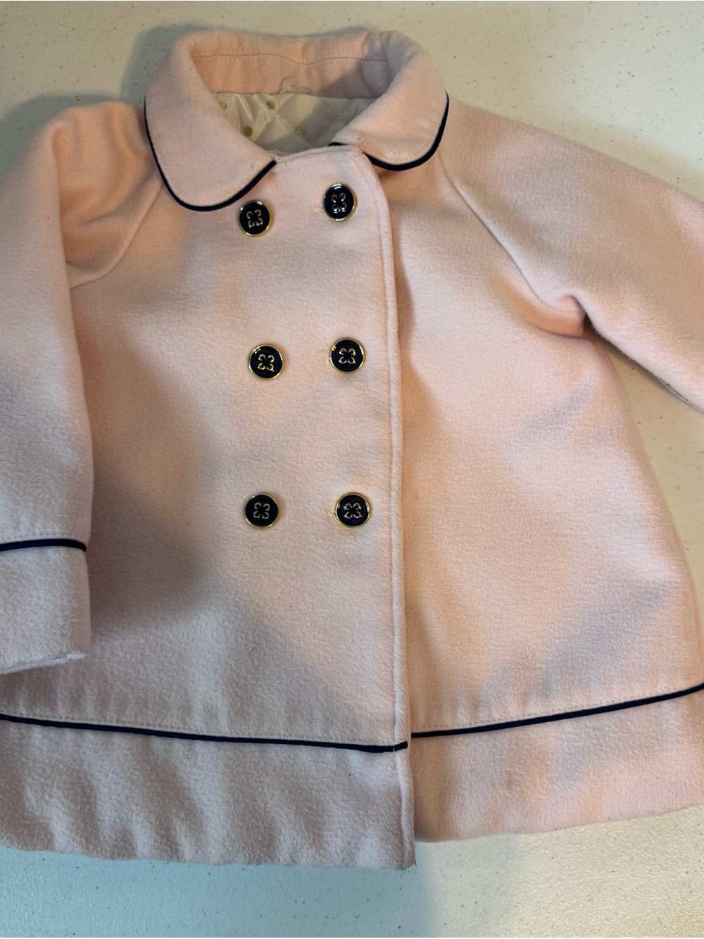 Little Me Pale Pink Double-Breasted Pea Coat with Navy Trim size 4